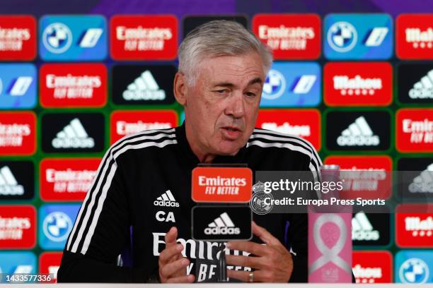 Carlo Ancelotti, head coach of Real Madrid, attends press conference after the training session before tomorrows Spanish league, La Liga Santander,...