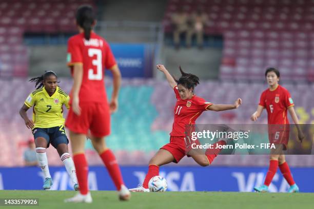 Licheng Wang of China shots the ball during the FIFA U-17 Women's World Cup 2022 Group C match between China and Colombia at DY Patil Stadium on...