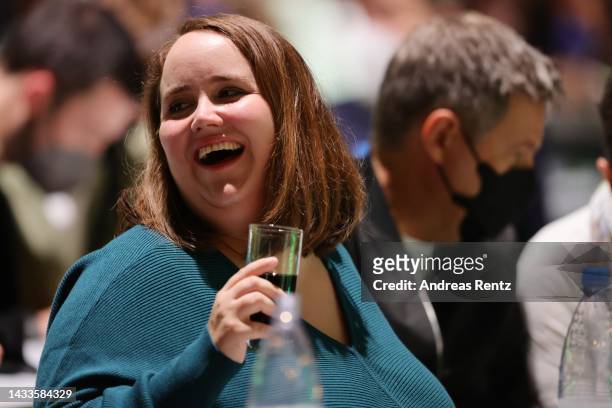 Green party co-chair Ricarda Lang gestures during the German Greens party federal congress on October 15, 2022 in Bonn, Germany. The Greens party, a...