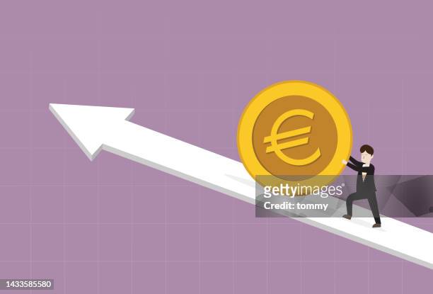 der geschäftsmann schiebt eine euro-münze hoch - effort stock-grafiken, -clipart, -cartoons und -symbole