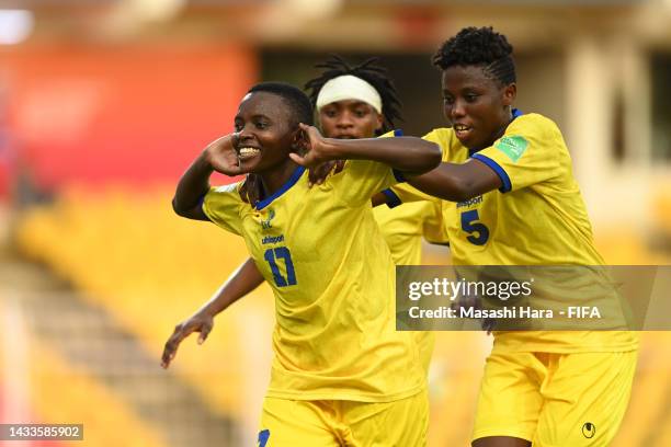 Christer John Bahera of Tanzania celebrates scoring during the FIFA U-17 Women's World Cup 2022 Group D, match between France and Tanzania at Pandit...