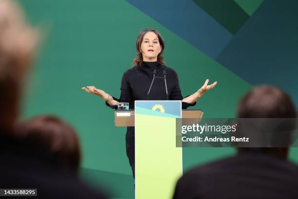 German Foreign Minister and leading Greens party member Annalena Baerbock delivers her speech to federal deligates at the German Greens party federal...