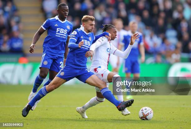 Michael Olise of Crystal Palace battles for possession with Kiernan Dewsbury-Hall of Leicester City during the Premier League match between Leicester...