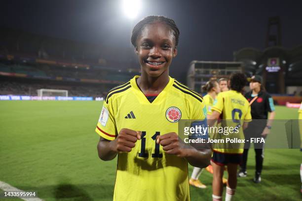 Linda Caicedo of Colombia celebrates after winning the FIFA U-17 Women's World Cup 2022 Group C match between China and Colombia at DY Patil Stadium...