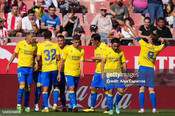 Alex Fernandez of Cadiz CF celebrates after scoring their side's first goal during the LaLiga Santander match between Girona FC and Cadiz CF at...