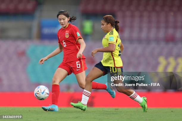 Jiayu Lu of China and Gabriela Rodriguez of Colombia compete for the ball during the FIFA U-17 Women's World Cup 2022 Group C match between China and...