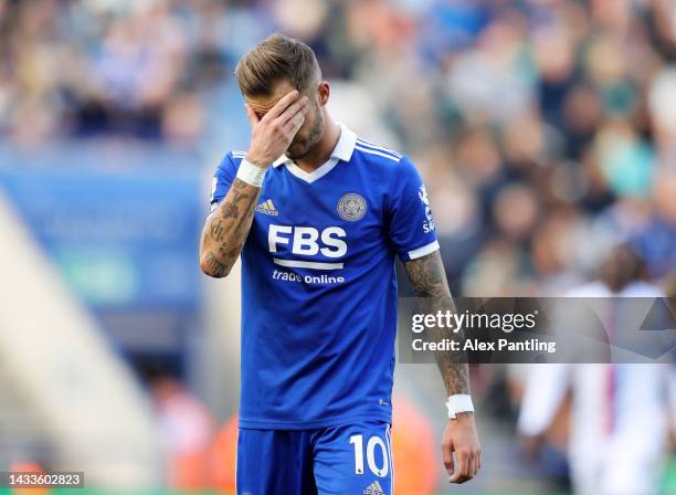 James Maddison of Leicester City reacts during the Premier League match between Leicester City and Crystal Palace at The King Power Stadium on...