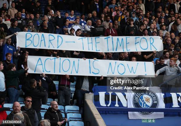 Fans of Leicester City display a banner in the stands following their draw in the Premier League match between Leicester City and Crystal Palace at...