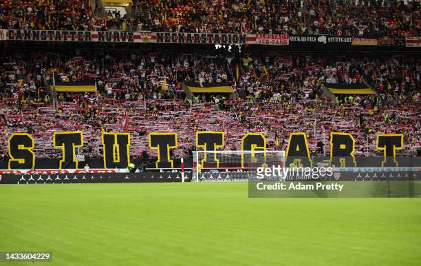 Fans of VfB Stuttgart are seen prior to the Bundesliga match between VfB Stuttgart and VfL Bochum 1848 at Mercedes-Benz Arena on October 15, 2022 in...
