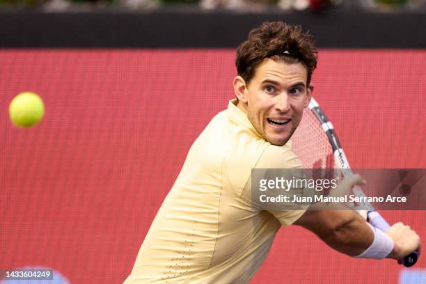 Dominic Thiem of Austria plays a backhand in his semi-finals match against Andrey Rublev of Russia during day six of the Gijon Open ATP 250 at...