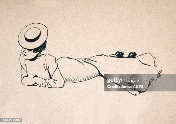 stockillustraties, clipart, cartoons en iconen met young woman lying down on her front, wearing long dress, belle époque period, french 1890s, 19th century - liggen