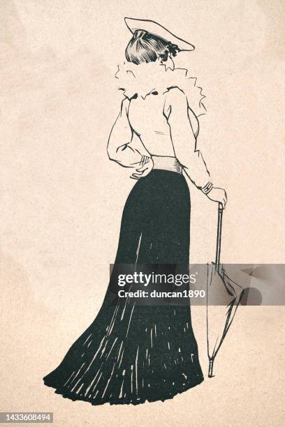 bildbanksillustrationer, clip art samt tecknat material och ikoner med sketch young woman wearing long skirt and blouse, belle époque period fashion, french 1890s, 19th century - parasol