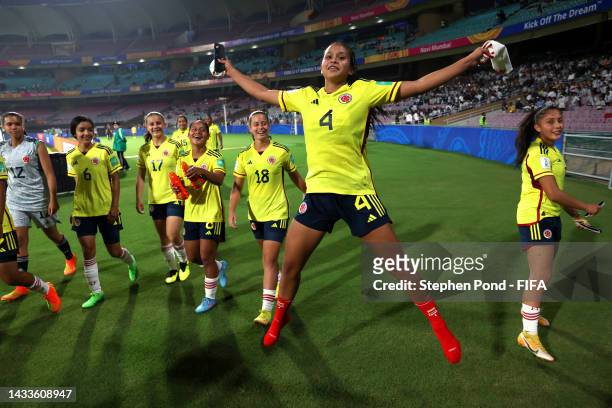 Maria Correa of Colombia celebrates victory following the FIFA U-17 Women's World Cup 2022 group stage match between China and Colombia at DY Patil...