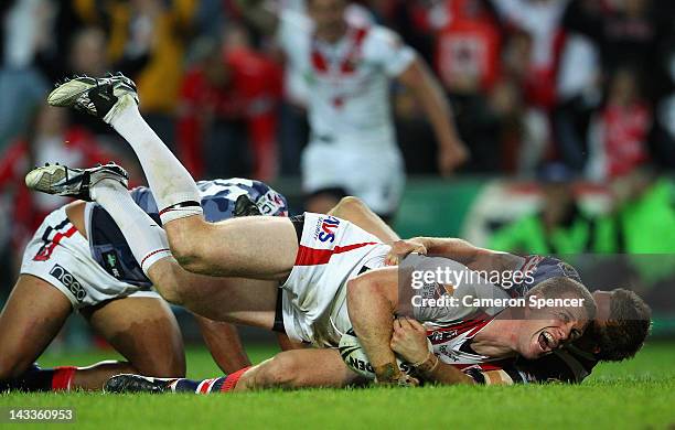 Ben Creagh of the Dragons scores a try during the round eight NRL match between the St George Illawarra Dragons and the Sydney Roosters at Allianz...