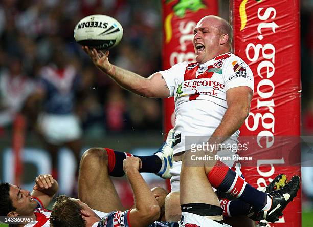 Michael Weyman of the Dragons celebrates after scoring a try during the round eight NRL match between the St George Illawarra Dragons and the Sydney...