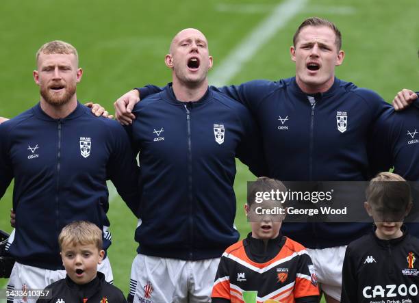 Chris Hill of England sings the national anthem prior to the Rugby League World Cup 2021 Pool A match between England and Samoa at St. James Park on...