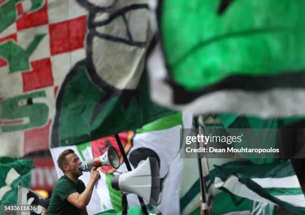 Werder Bremen fans show their support during the Bundesliga match between SV Werder Bremen and 1. FSV Mainz 05 at Wohninvest Weserstadion on October...