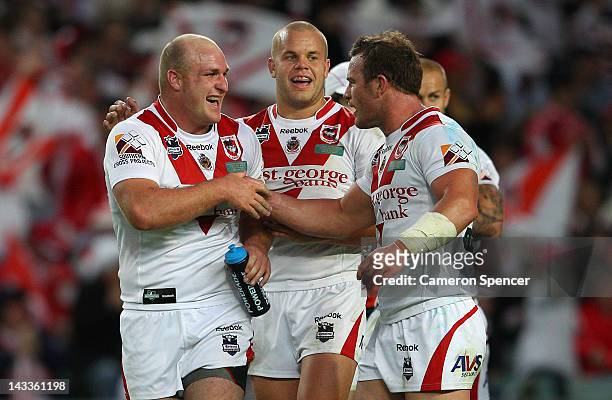 Michael Weyman of the Dragons celebrates scoring a try with team mates during the round eight NRL match between the St George Illawarra Dragons and...
