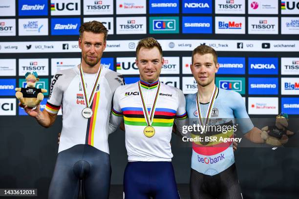 Roger Kluge of Germany, Yoeri Havik of Netherlands and Fabio van den Bossche of Belgium celebrate on the podium of the Mens Point Rrace during the...