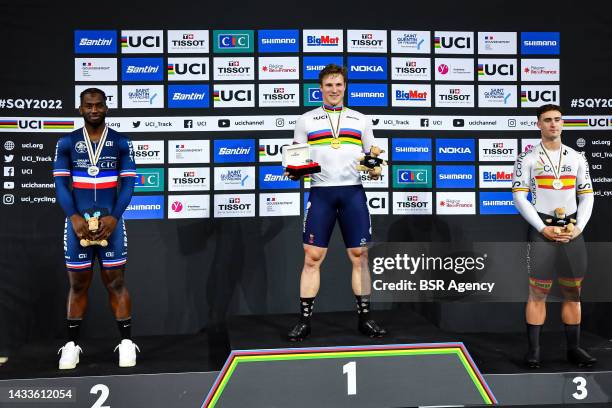 Melvin Landerneau of France, Jeffrey Hoogland of Netherlands and Alejandro Martinez Chorro of Spain on the podium of the Mens 1km Time Trial during...