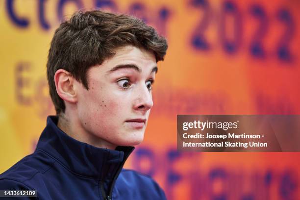 Lucas Broussard of the United States reacts at the kiss and cry in the Junior Men's Free Skating during the ISU Junior Grand Prix of Figure Skating...