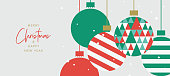 Merry Christmas and Happy New Year banner, greeting card, poster, holiday cover, header. Modern Xmas design with triangle firs pattern in green, red, white colors. Christmas tree and balls decoration
