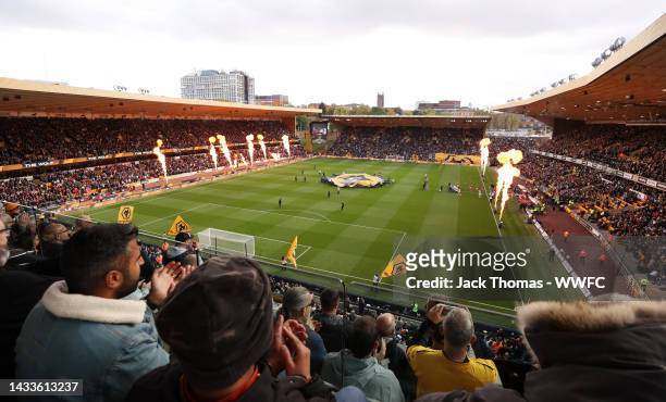 General view inside the stadium as Wolverhampton Wanderers fans unveil a tifo prior to the Premier League match between Wolverhampton Wanderers and...