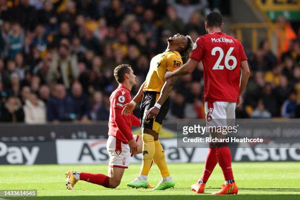 Adama Traore of Wolverhampton Wanderers reacts after a missed chance during the Premier League match between Wolverhampton Wanderers and Nottingham...