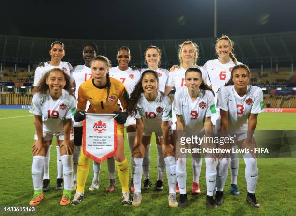 Canada pose for a team photo during the Group D match between Japan and Canada during the FIFA U-17 Women's World Cup 2022at Pandit Jawaharlal Nehru...