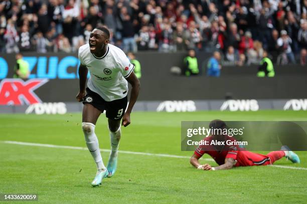 Randal Kolo Muani of Eintracht Frankfurt celebrates after scoring their team's second goal during the Bundesliga match between Eintracht Frankfurt...