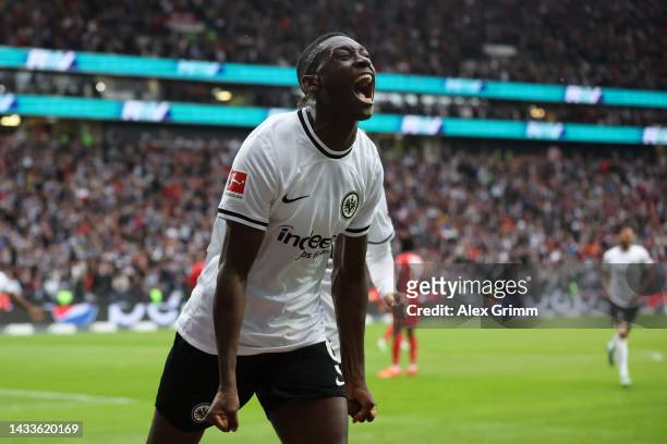 Randal Kolo Muani of Eintracht Frankfurt celebrates after scoring their team's second goal during the Bundesliga match between Eintracht Frankfurt...