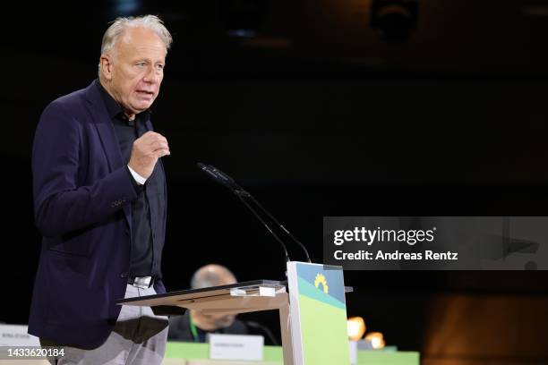 Greens party member Juergen Trittin speaks to federal deligates at the German Greens party federal congress on October 15, 2022 in Bonn, Germany. The...