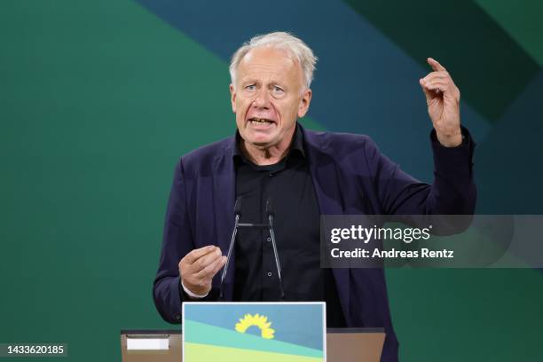 Greens party member Juergen Trittin speaks to federal deligates at the German Greens party federal congress on October 15, 2022 in Bonn, Germany. The...