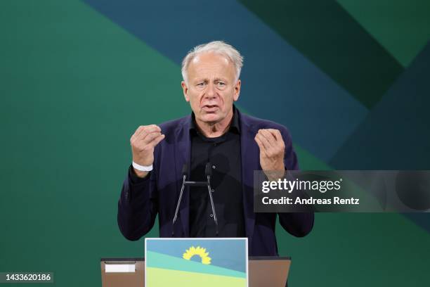 Greens party member Juergen Trittin speaks to federal deligates at the German Greens party federal congress on October 15, 2022 in Bonn, Germany. The...