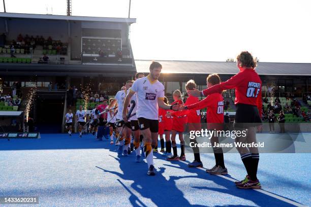 Perth Thundersticks run out to the field during the round three Hockey One Men's League match between Perth Thundersticks and Brisbane Blaze at Perth...