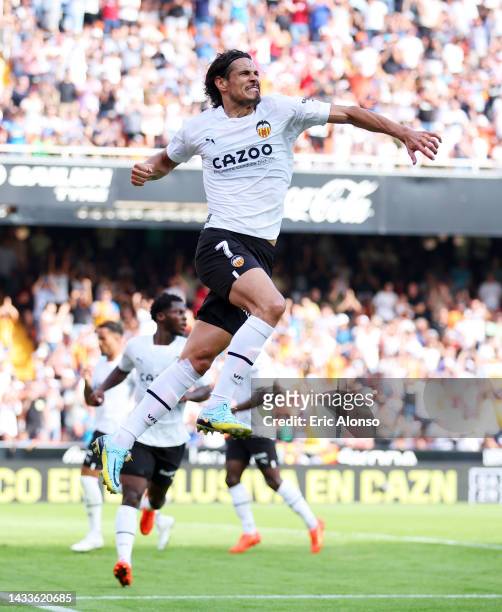 Edinson Cavani of Valencia CF celebrates after scoring their side's second goal during the LaLiga Santander match between Valencia CF and Elche CF at...