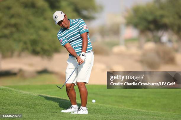 Hideto Tanihara of Torque GC plays his third shot on the 14th hole during day two of the LIV Golf Invitational - Jeddah at Royal Greens Golf &...