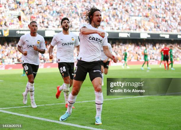 Edinson Cavani of Valencia CF celebrates after scoring their side's second goal during the LaLiga Santander match between Valencia CF and Elche CF at...