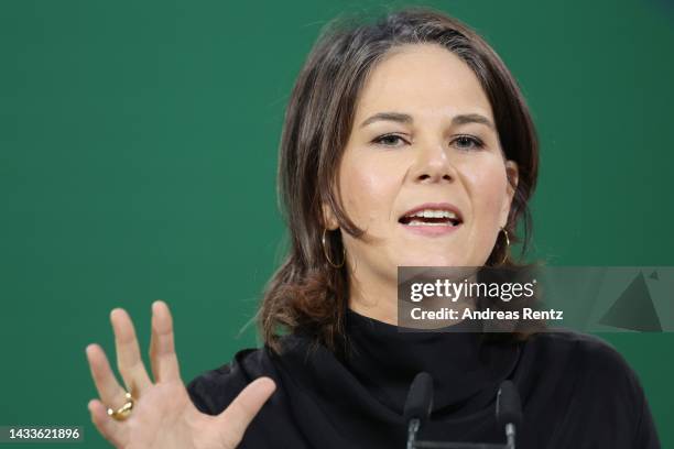 German Foreign Minister and leading Greens party member Annalena Baerbock delivers her speech to federal deligates at the German Greens party federal...