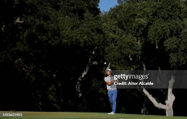 Min Woo Lee of Australia plays his second shot on the 16th hole on Day Three of the Estrella Damm N.A. Andalucía Masters at Real Club Valderrama on...