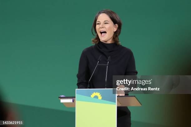 German Foreign Minister and leading Greens party member Annalena Baerbock delivers her speech to federal deligates at the German Greens party federal...