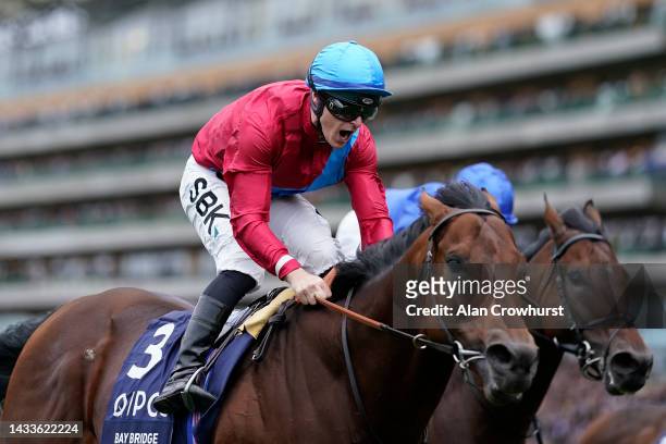 Richard Kingscote shouts as he rides Bay Bridge to win The Qipco Champion Stakes at Ascot Racecourse on October 15, 2022 in Ascot, England.