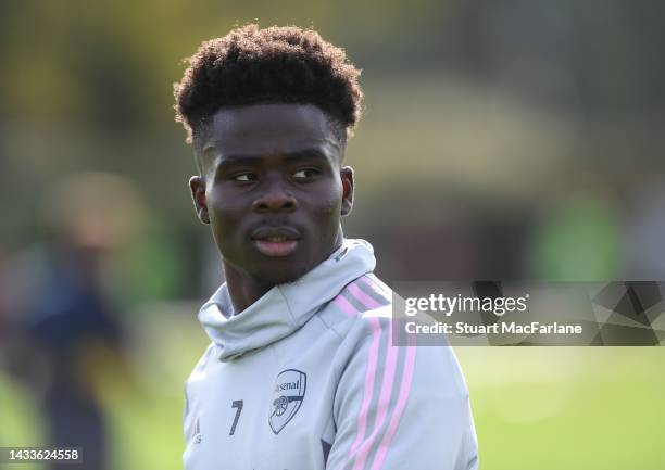 Bukayo Saka of Arsenal during a training session at London Colney on October 15, 2022 in St Albans, England.