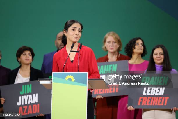 Actress Pegah Ferydoni holds a speech to the federal deligates at the German Greens party federal congress on October 15, 2022 in Bonn, Germany. The...