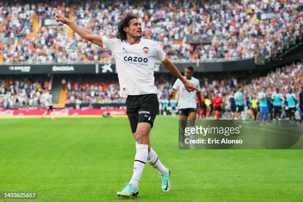 Edinson Cavani of Valencia CF celebrates after scoring their side's second goal during the LaLiga Santander match between Valencia CF and Elche CF at...