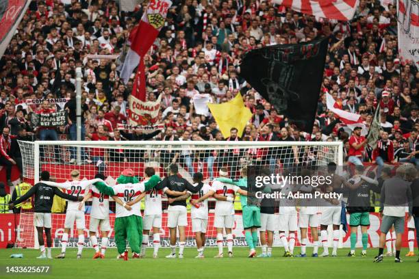 Players of VfB Stuttgart acknowledges the fans following the Bundesliga match between VfB Stuttgart and VfL Bochum 1848 at Mercedes-Benz Arena on...