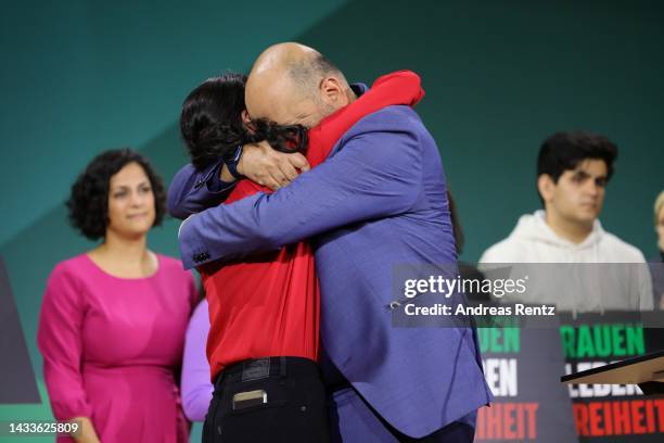 Green party co-chair Omid Nouripour comforts Pegah Ferydoni after her speech to the federal deligates during the German Greens party federal congress...