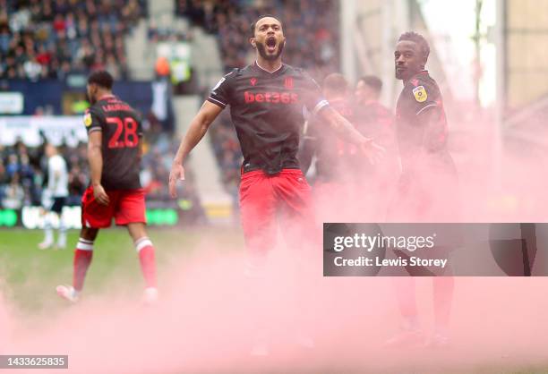 Lewis Baker of Stoke City celebrates their side's first goal scored by team mate Will Smallbone during the Sky Bet Championship between Preston North...