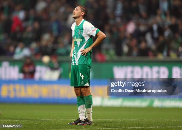 Niklas Stark of SV Werder Bremen reacts during the Bundesliga match between SV Werder Bremen and 1. FSV Mainz 05 at Wohninvest Weserstadion on...