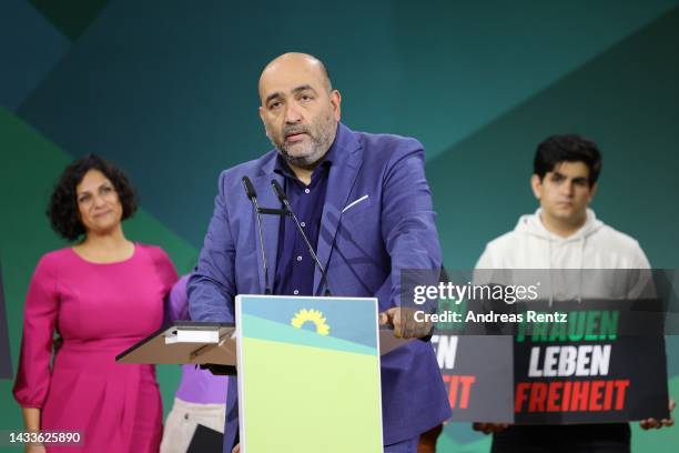 Green party co-chair Omid Nouripour speaks to the federal deligates during the German Greens party federal congress on October 15, 2022 in Bonn,...